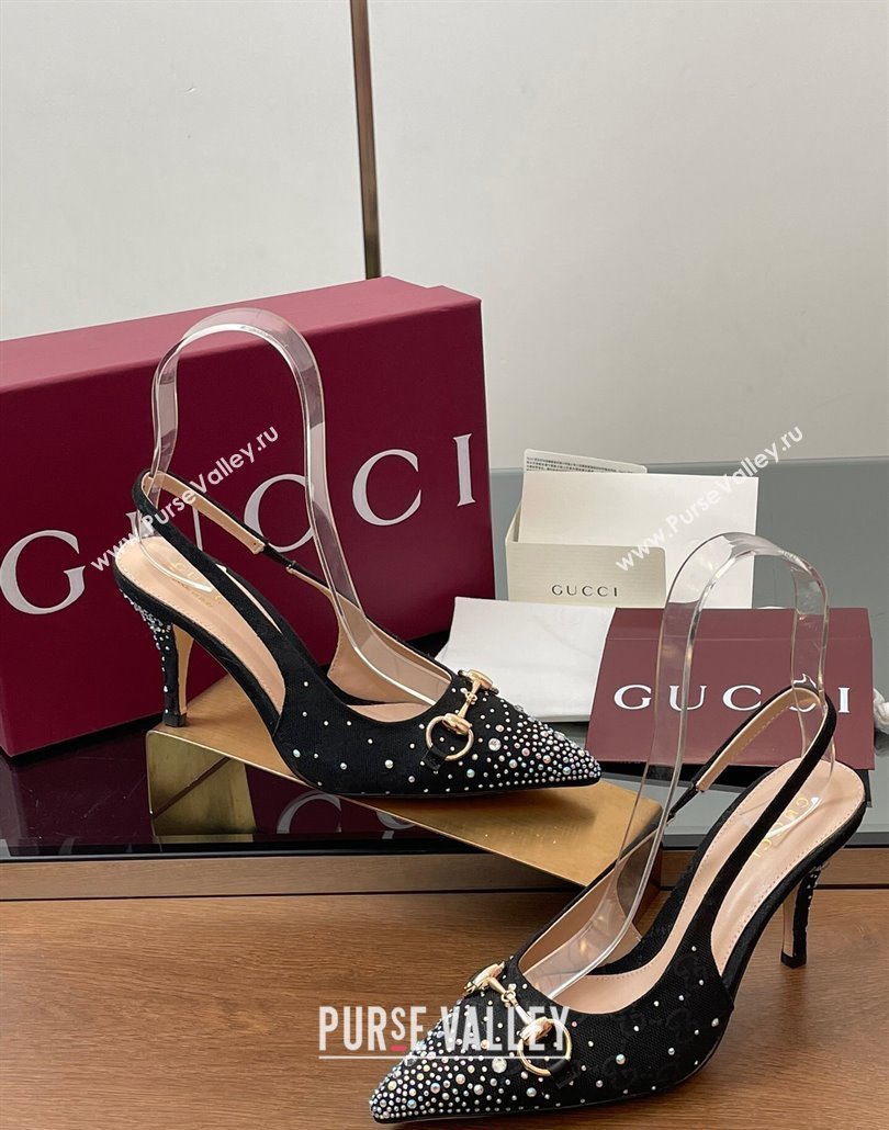 Gucci Horsebit Slingback Pumps 10.5cm in GG Canvas with Strass Black 2025 812176 (MD-250228024)