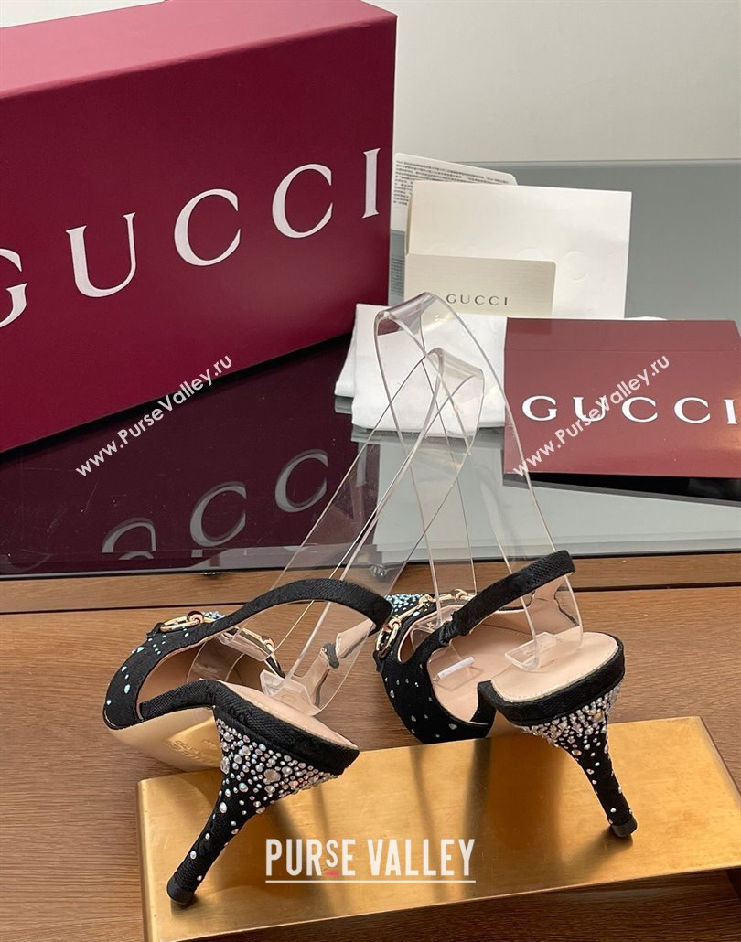 Gucci Horsebit Slingback Pumps 10.5cm in GG Canvas with Strass Black 2025 812176 (MD-250228024)