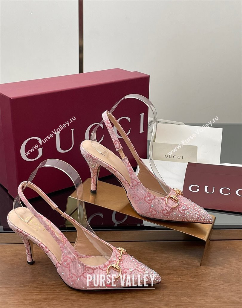 Gucci Horsebit Slingback Pumps 10.5cm in GG Canvas with Strass Pink2 2025 812176 (MD-250228025)