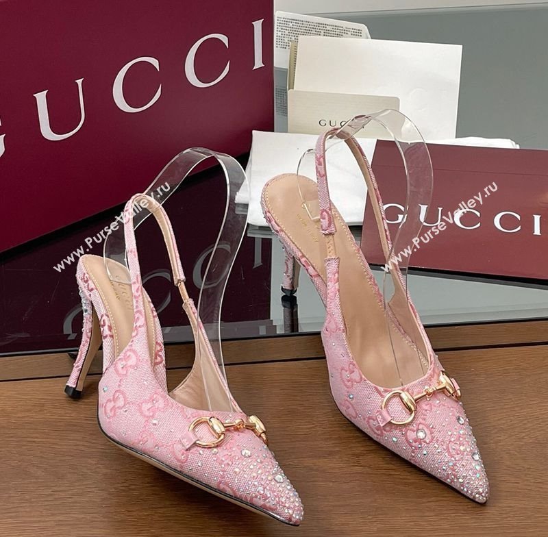 Gucci Horsebit Slingback Pumps 10.5cm in GG Canvas with Strass Pink2 2025 812176 (MD-250228025)