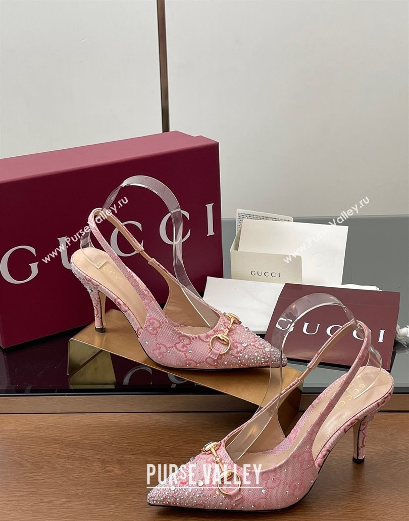 Gucci Horsebit Slingback Pumps 10.5cm in GG Canvas with Strass Pink2 2025 812176 (MD-250228025)