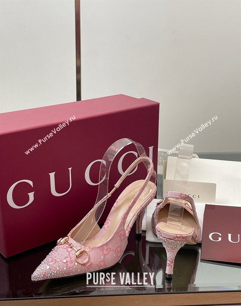 Gucci Horsebit Slingback Pumps 10.5cm in GG Canvas with Strass Pink2 2025 812176 (MD-250228025)