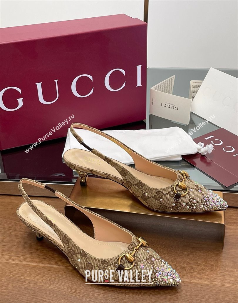 Gucci Horsebit Slingback Pumps 4.5cm in GG Canvas with Strass Beige/Brown 2025 812176 (MD-250228028)