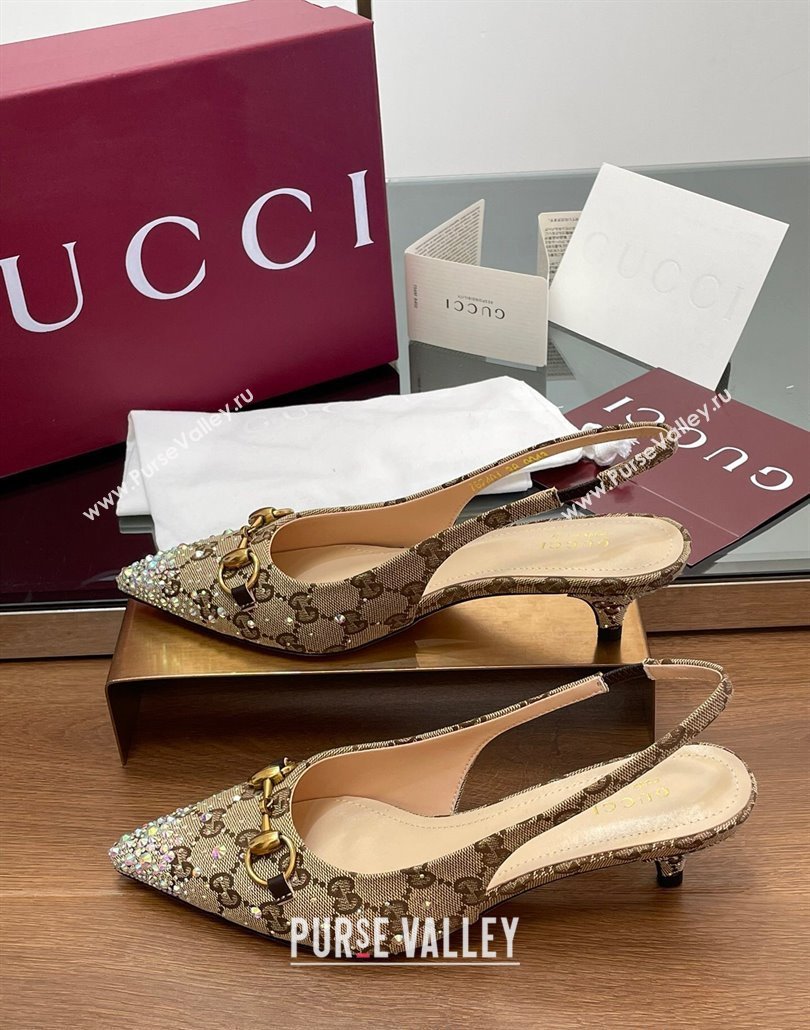 Gucci Horsebit Slingback Pumps 4.5cm in GG Canvas with Strass Beige/Brown 2025 812176 (MD-250228028)