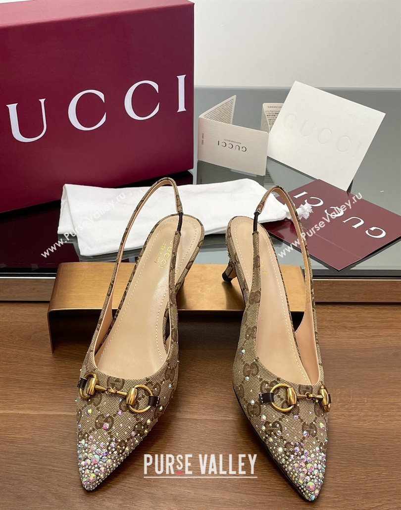 Gucci Horsebit Slingback Pumps 4.5cm in GG Canvas with Strass Beige/Brown 2025 812176 (MD-250228028)