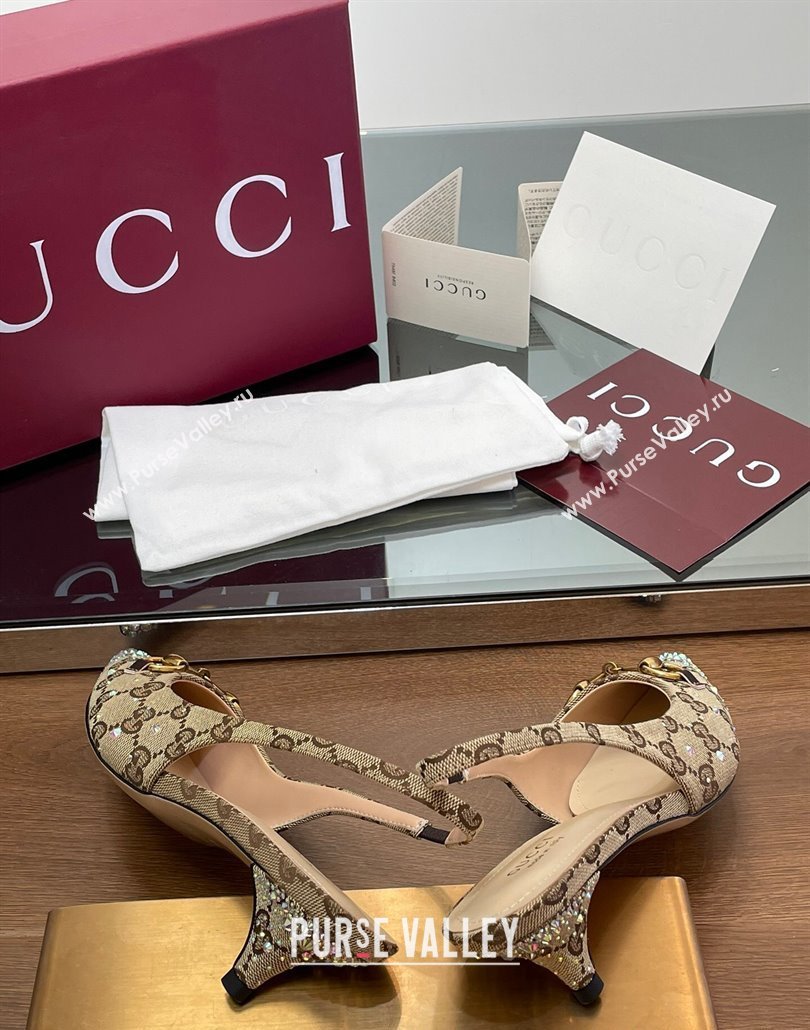 Gucci Horsebit Slingback Pumps 4.5cm in GG Canvas with Strass Beige/Brown 2025 812176 (MD-250228028)