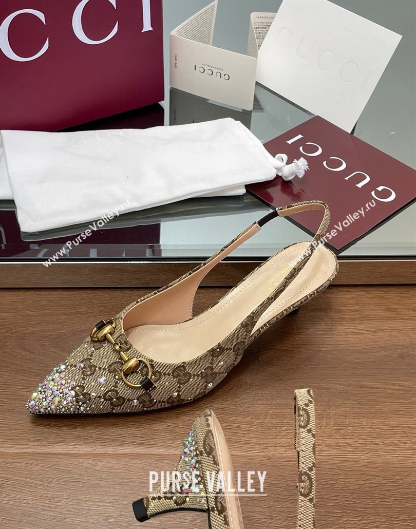 Gucci Horsebit Slingback Pumps 4.5cm in GG Canvas with Strass Beige/Brown 2025 812176 (MD-250228028)