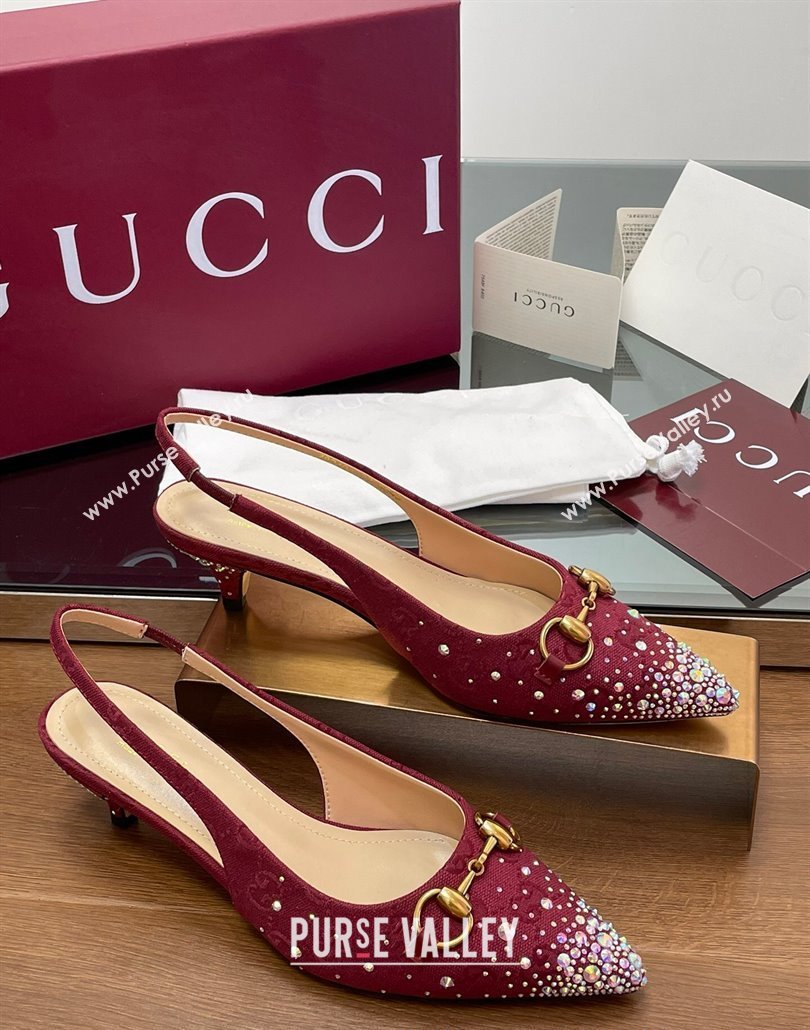 Gucci Horsebit Slingback Pumps 4.5cm in GG Canvas with Strass Red 2025 812176 (MD-250228029)