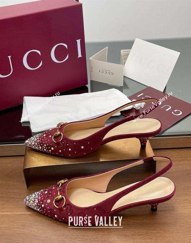Gucci Horsebit Slingback Pumps 4.5cm in GG Canvas with Strass Red 2025 812176 (MD-250228029)
