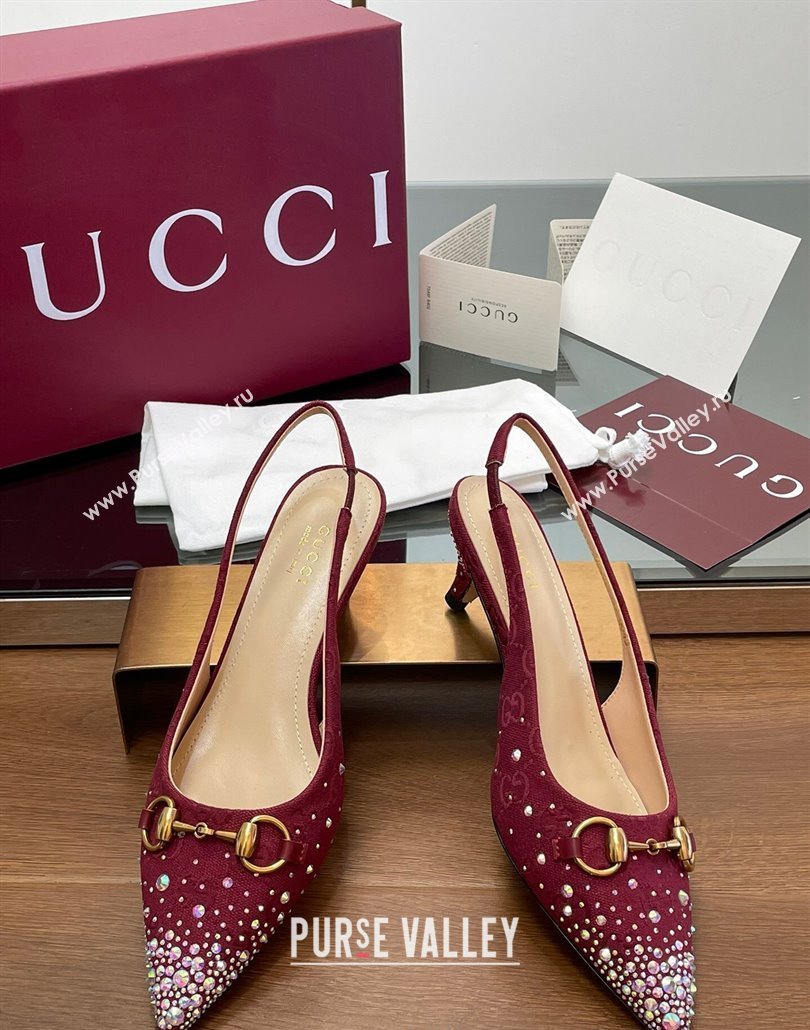 Gucci Horsebit Slingback Pumps 4.5cm in GG Canvas with Strass Red 2025 812176 (MD-250228029)