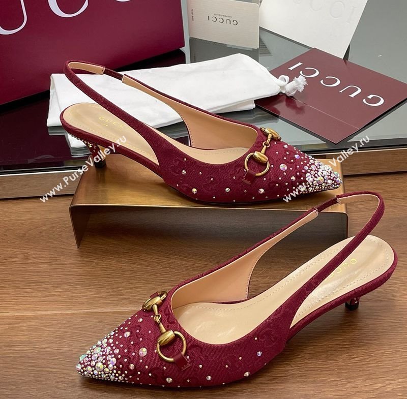 Gucci Horsebit Slingback Pumps 4.5cm in GG Canvas with Strass Red 2025 812176 (MD-250228029)
