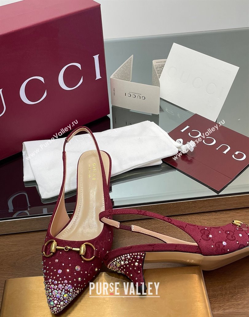 Gucci Horsebit Slingback Pumps 4.5cm in GG Canvas with Strass Red 2025 812176 (MD-250228029)