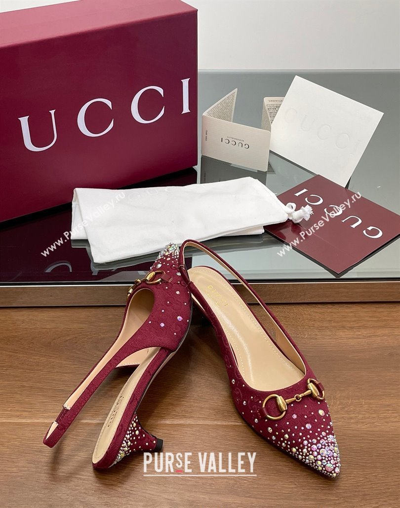 Gucci Horsebit Slingback Pumps 4.5cm in GG Canvas with Strass Red 2025 812176 (MD-250228029)