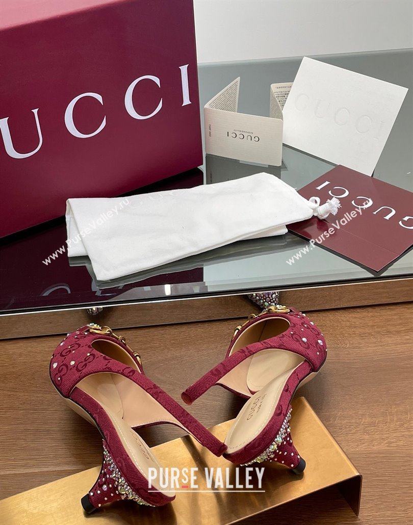 Gucci Horsebit Slingback Pumps 4.5cm in GG Canvas with Strass Red 2025 812176 (MD-250228029)