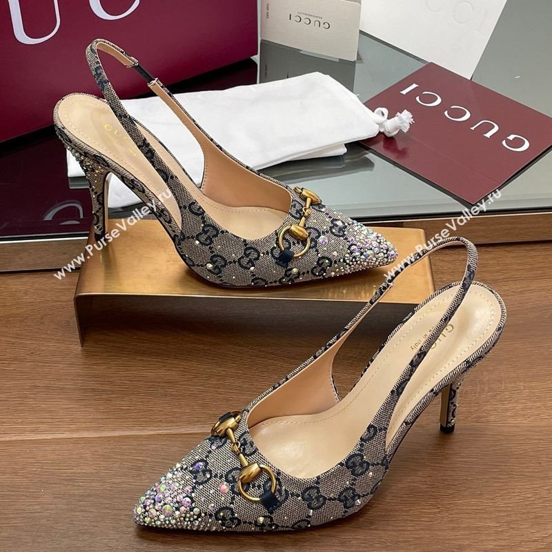 Gucci Horsebit Slingback Pumps 10.5cm in GG Canvas with Strass Beige/Blue 2025 812176 (MD-250228027)