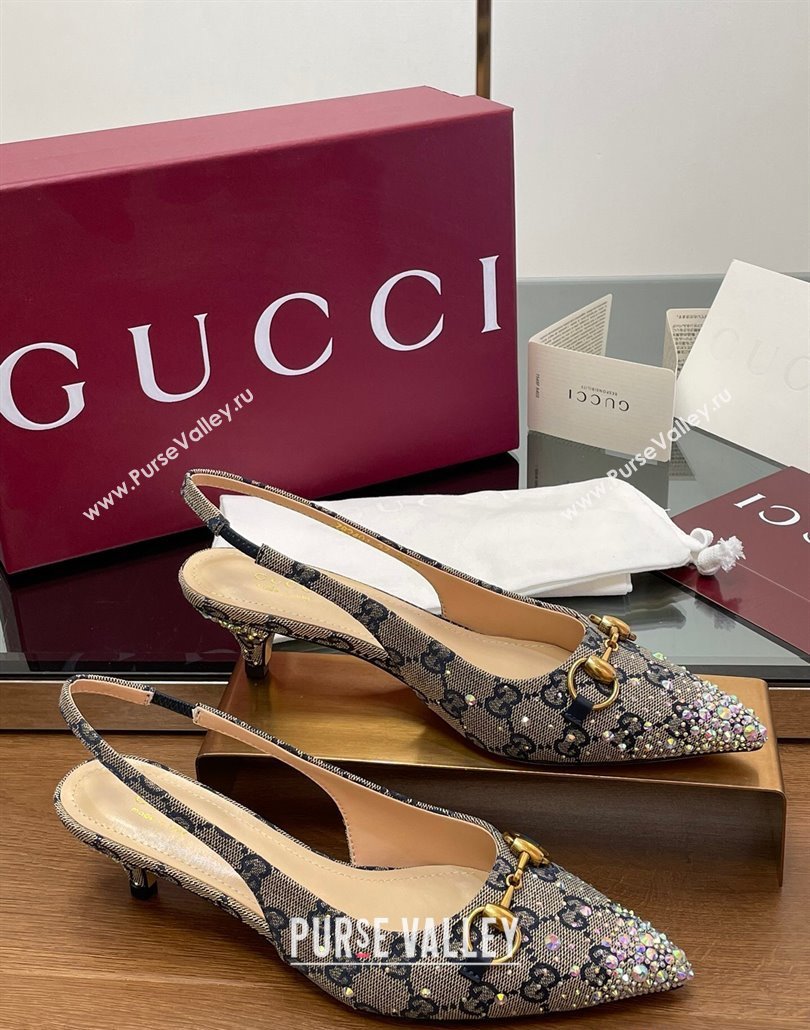 Gucci Horsebit Slingback Pumps 4.5cm in GG Canvas with Strass Beige/Blue 2025 812176 (MD-250228030)