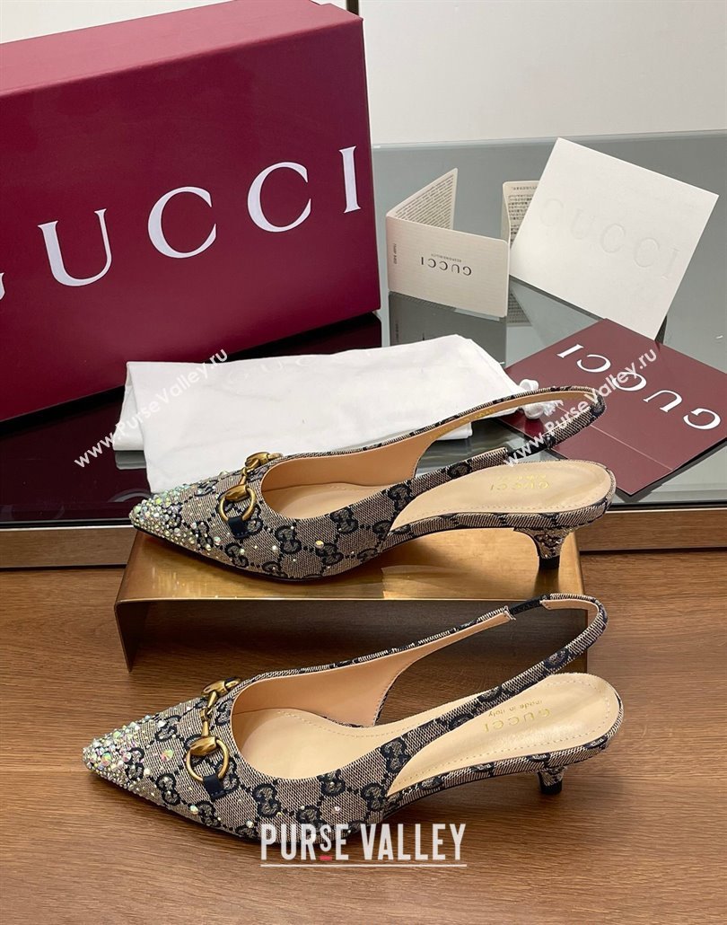 Gucci Horsebit Slingback Pumps 4.5cm in GG Canvas with Strass Beige/Blue 2025 812176 (MD-250228030)