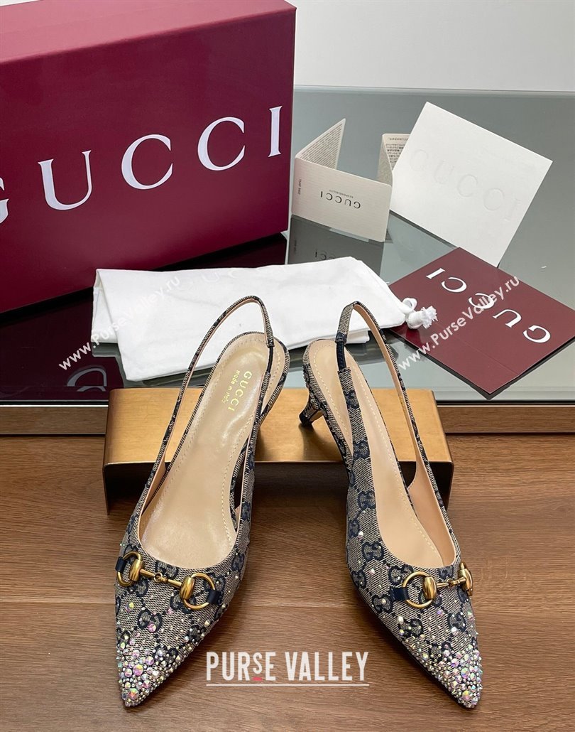 Gucci Horsebit Slingback Pumps 4.5cm in GG Canvas with Strass Beige/Blue 2025 812176 (MD-250228030)