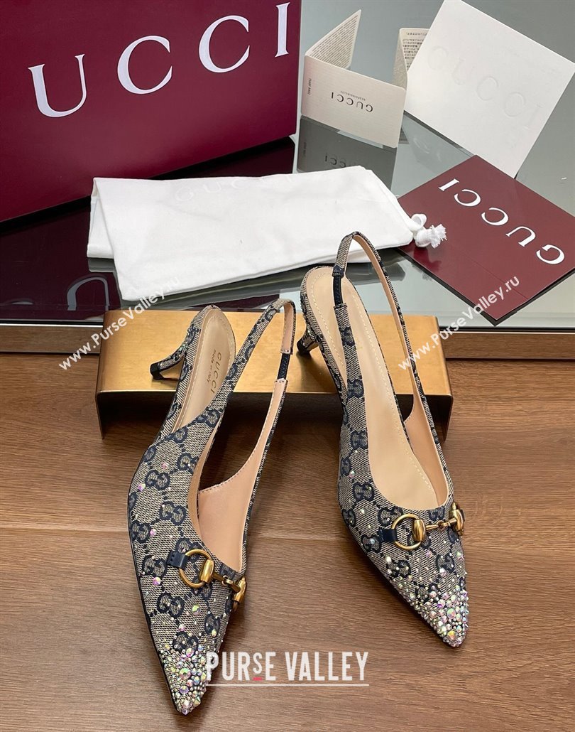 Gucci Horsebit Slingback Pumps 4.5cm in GG Canvas with Strass Beige/Blue 2025 812176 (MD-250228030)