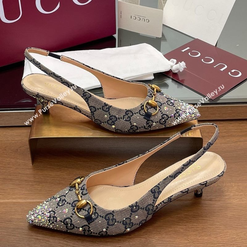 Gucci Horsebit Slingback Pumps 4.5cm in GG Canvas with Strass Beige/Blue 2025 812176 (MD-250228030)