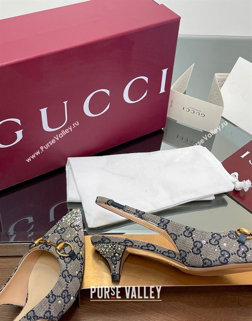 Gucci Horsebit Slingback Pumps 4.5cm in GG Canvas with Strass Beige/Blue 2025 812176 (MD-250228030)