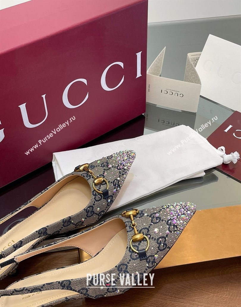 Gucci Horsebit Slingback Pumps 4.5cm in GG Canvas with Strass Beige/Blue 2025 812176 (MD-250228030)