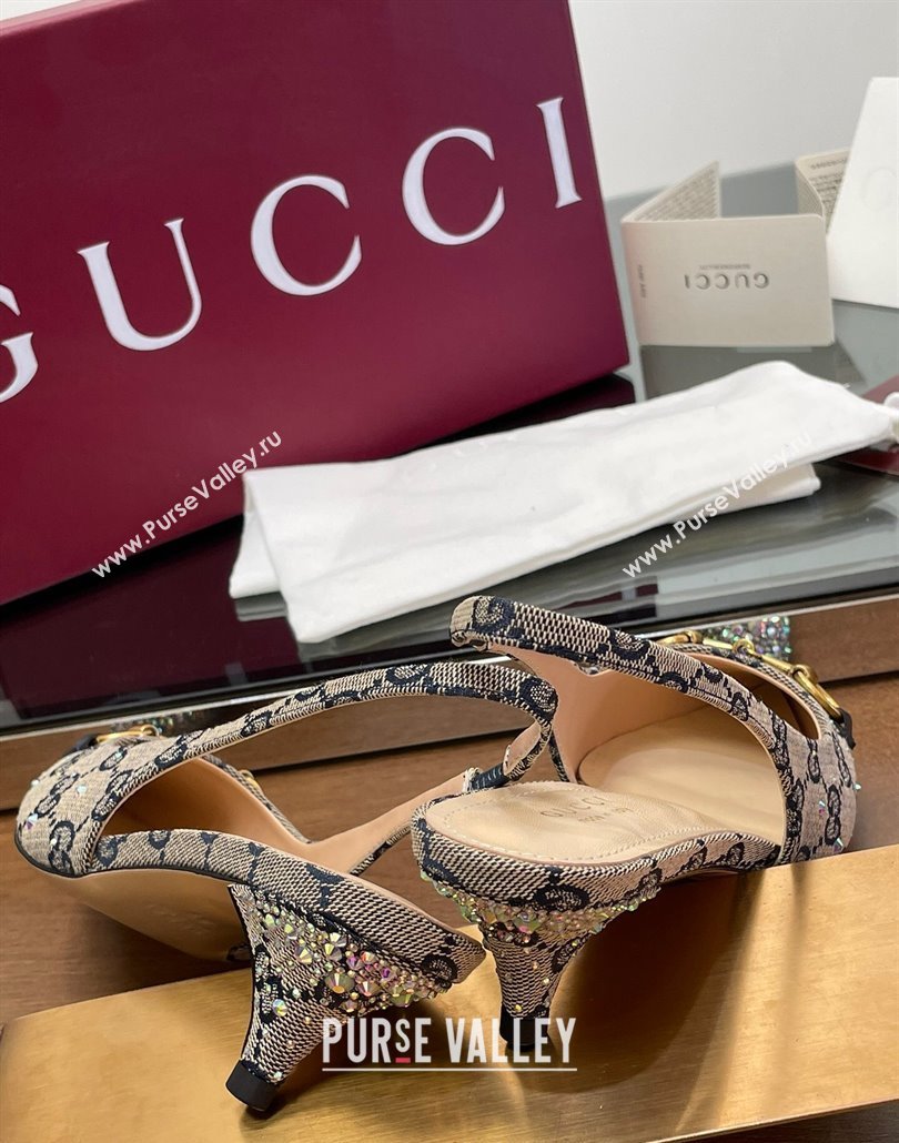 Gucci Horsebit Slingback Pumps 4.5cm in GG Canvas with Strass Beige/Blue 2025 812176 (MD-250228030)