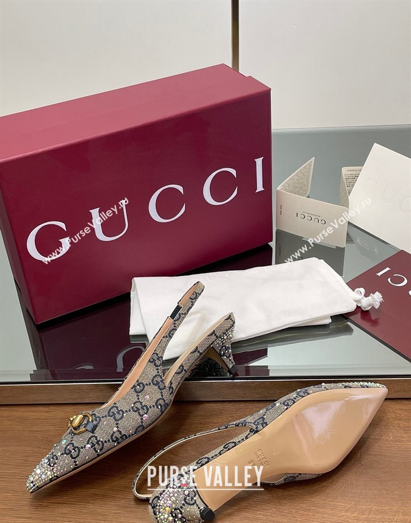 Gucci Horsebit Slingback Pumps 4.5cm in GG Canvas with Strass Beige/Blue 2025 812176 (MD-250228030)
