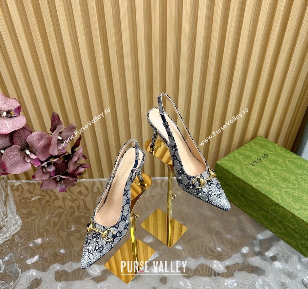 Gucci Horsebit Slingback Pumps 10.5cm in GG Canvas with Strass Grey/Blue 2025 812176 (MD-250228020)