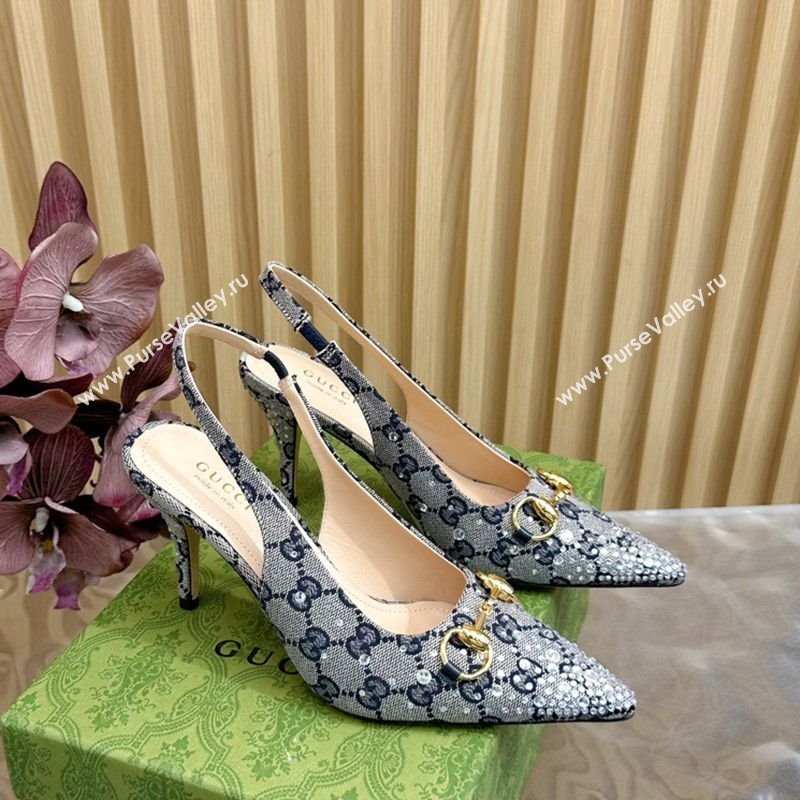 Gucci Horsebit Slingback Pumps 10.5cm in GG Canvas with Strass Grey/Blue 2025 812176 (MD-250228020)