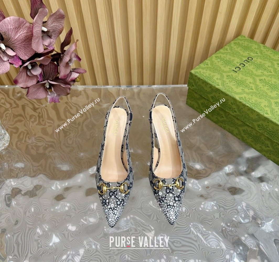 Gucci Horsebit Slingback Pumps 10.5cm in GG Canvas with Strass Grey/Blue 2025 812176 (MD-250228020)