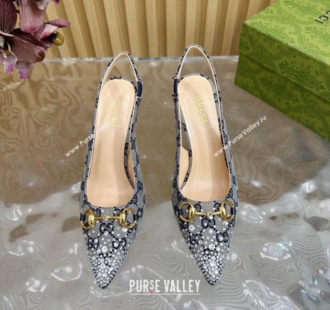 Gucci Horsebit Slingback Pumps 10.5cm in GG Canvas with Strass Grey/Blue 2025 812176 (MD-250228020)