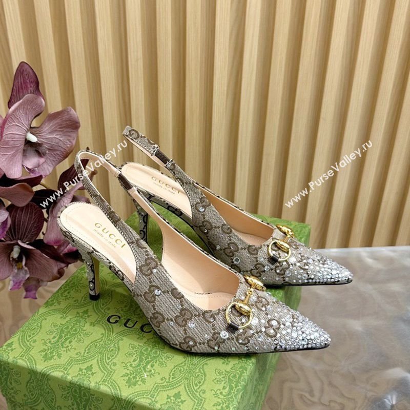 Gucci Horsebit Slingback Pumps 10.5cm in GG Canvas with Strass Beige/Brown 2025 812176 (MD-250228021)