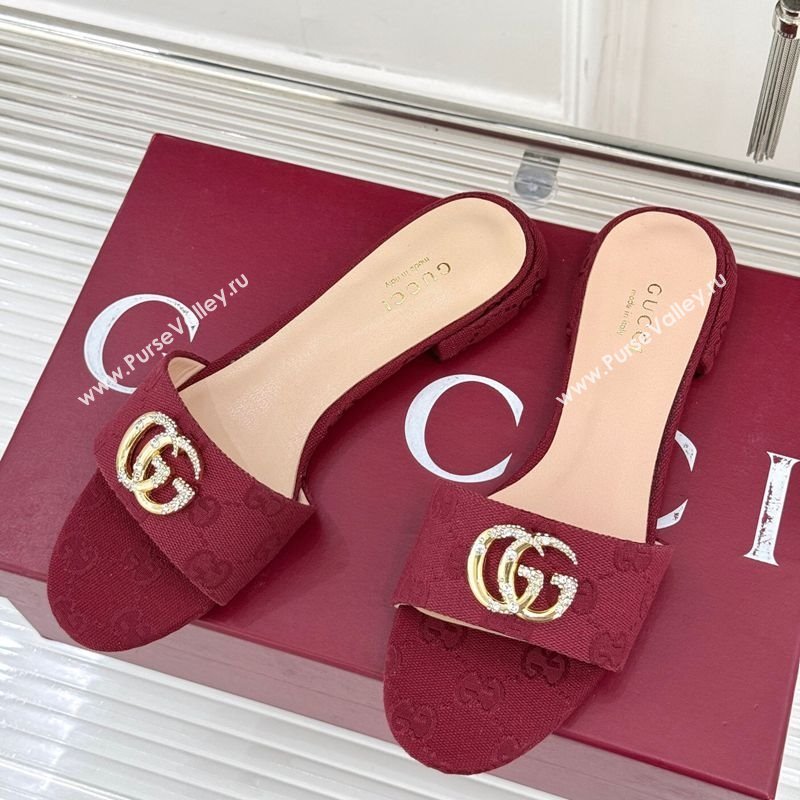 Gucci GG Canvas Flat Slides Sandal with Double G and Strass Burgundy 2025 GG02283 (MD-250228070)