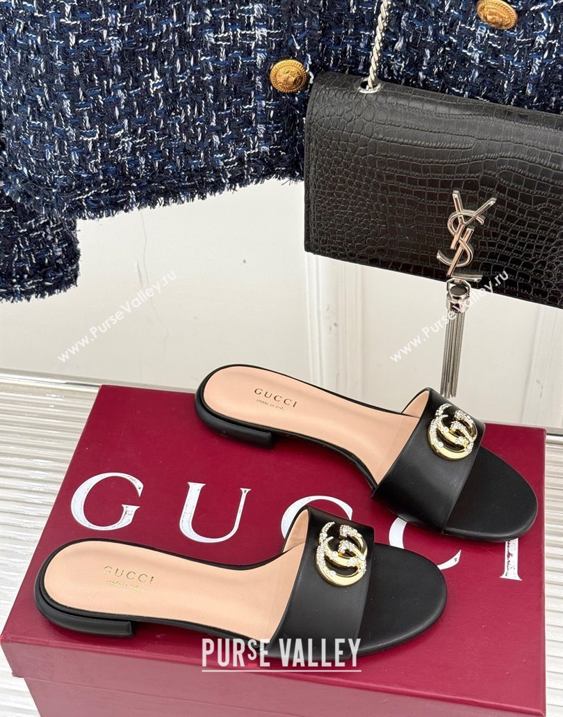 Gucci Leather Flat Slides Sandal with Double G and Strass Black 2025 GG02283 (MD-250228071)