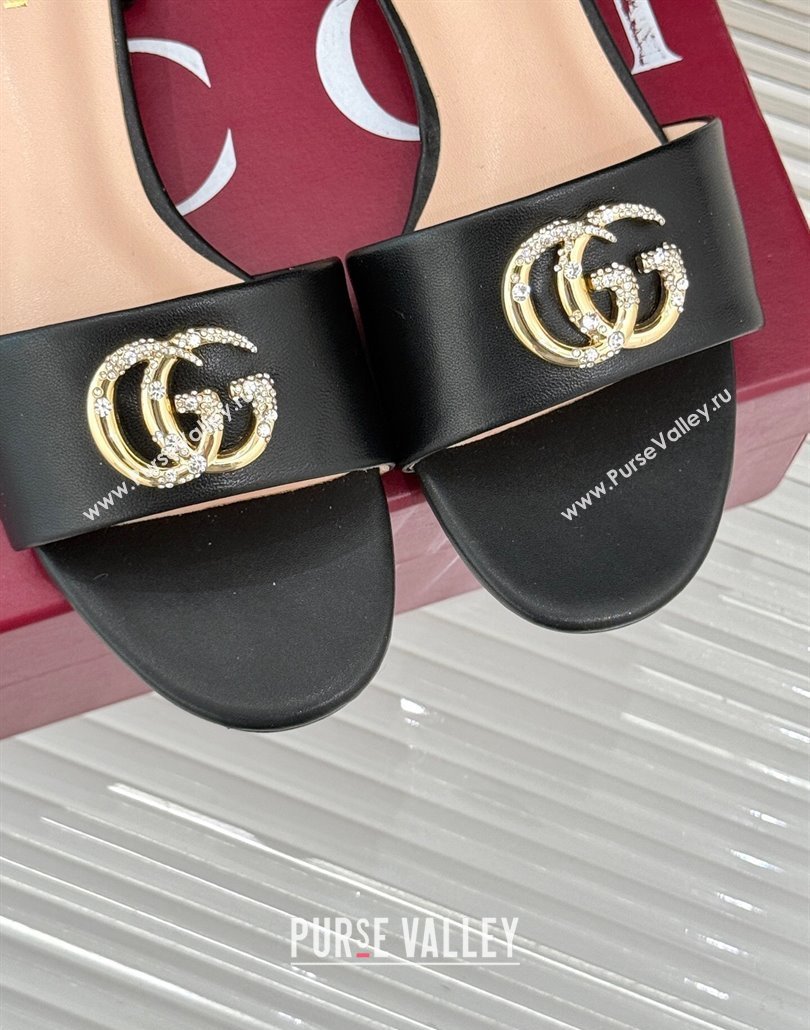 Gucci Leather Flat Slides Sandal with Double G and Strass Black 2025 GG02283 (MD-250228071)