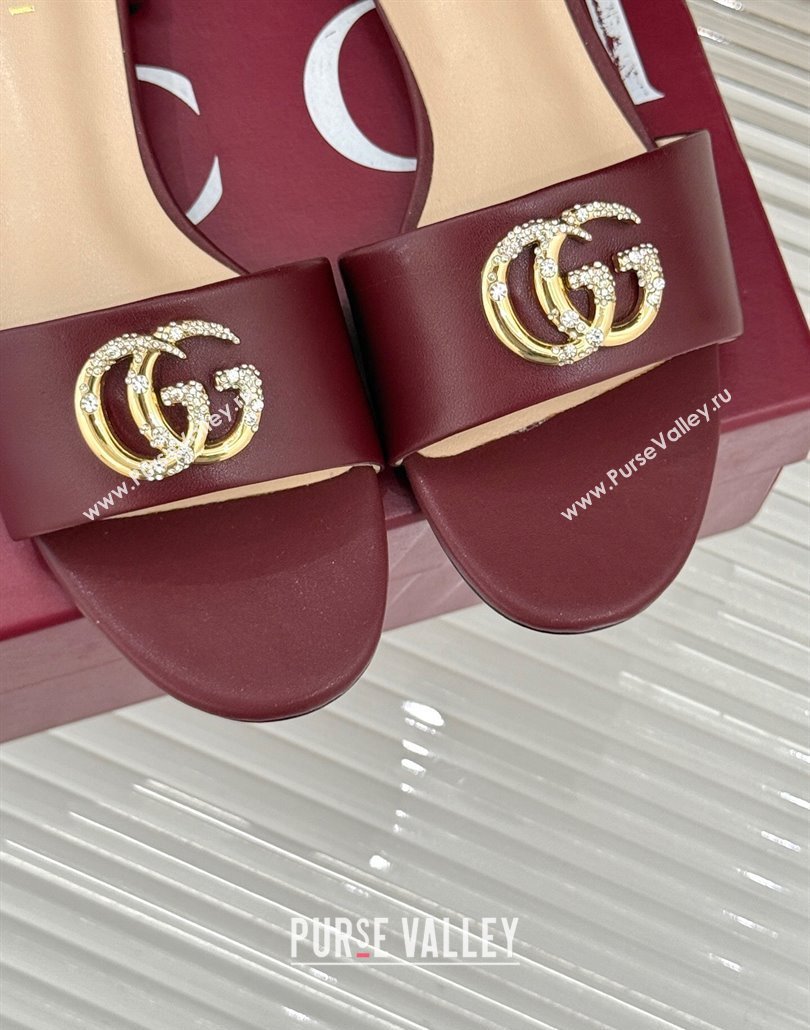 Gucci Leather Flat Slides Sandal with Double G and Strass Burgundy 2025 GG02283 (MD-250228072)