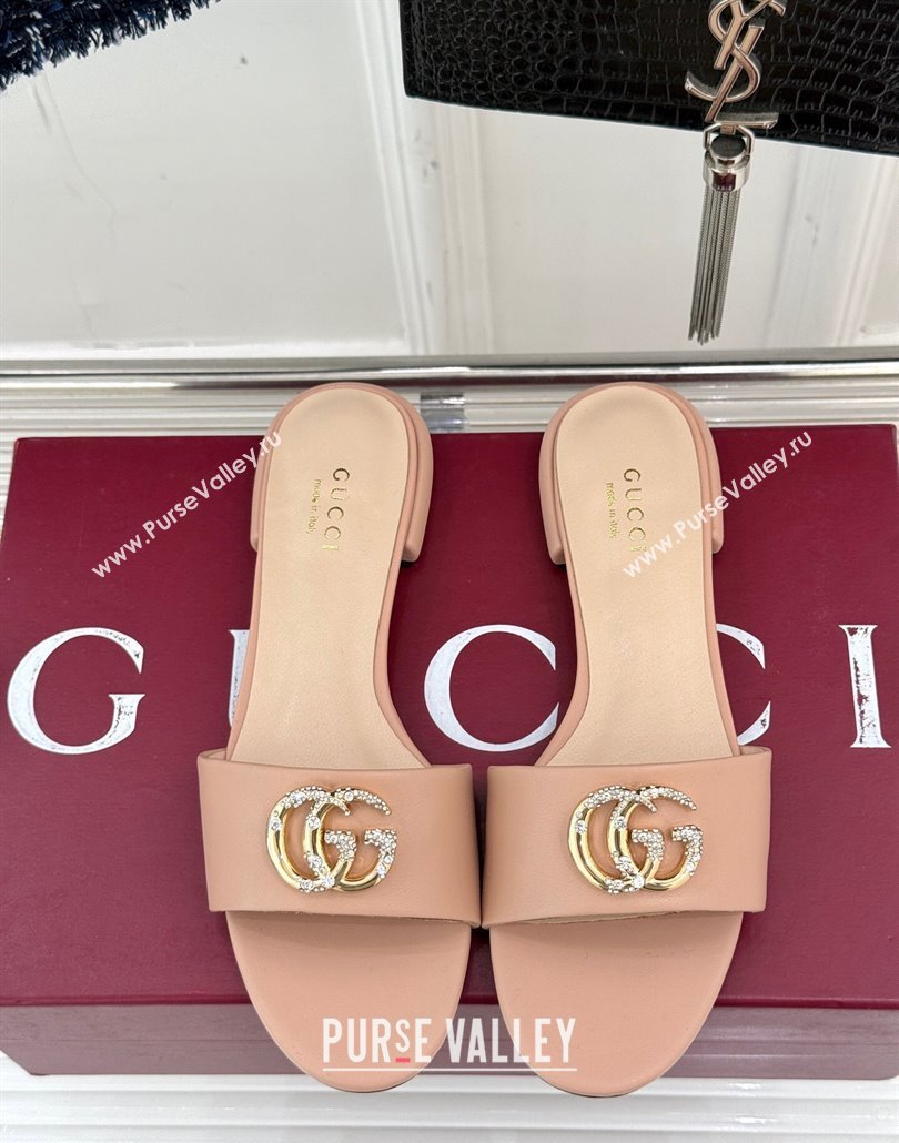 Gucci Leather Flat Slides Sandal with Double G and Strass Nude 2025 GG02283 (MD-250228073)