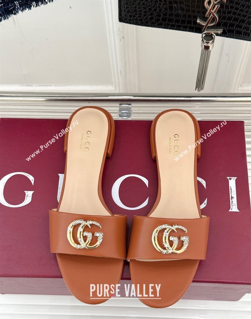 Gucci Leather Flat Slides Sandal with Double G and Strass Brown 2025 GG02283 (MD-250228074)