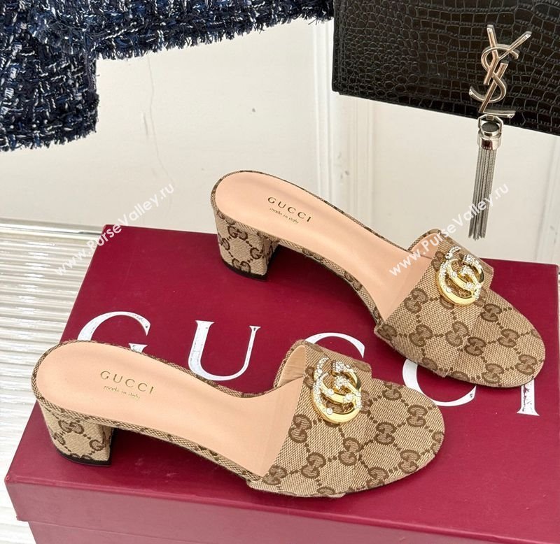 Gucci GG Canvas Heel Slides Sandal 5cm with Double G and Strass Beige 2025 GG02283 (MD-250228076)