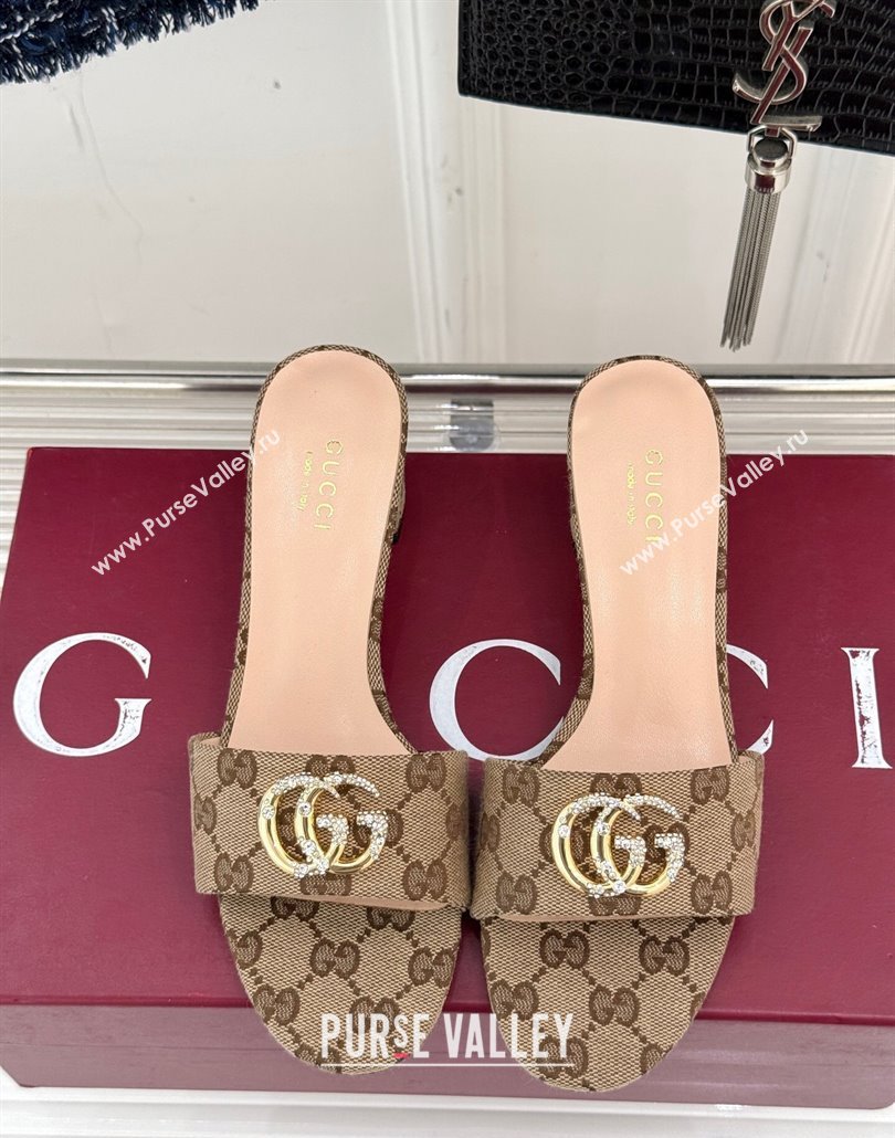 Gucci GG Canvas Heel Slides Sandal 5cm with Double G and Strass Beige 2025 GG02283 (MD-250228076)