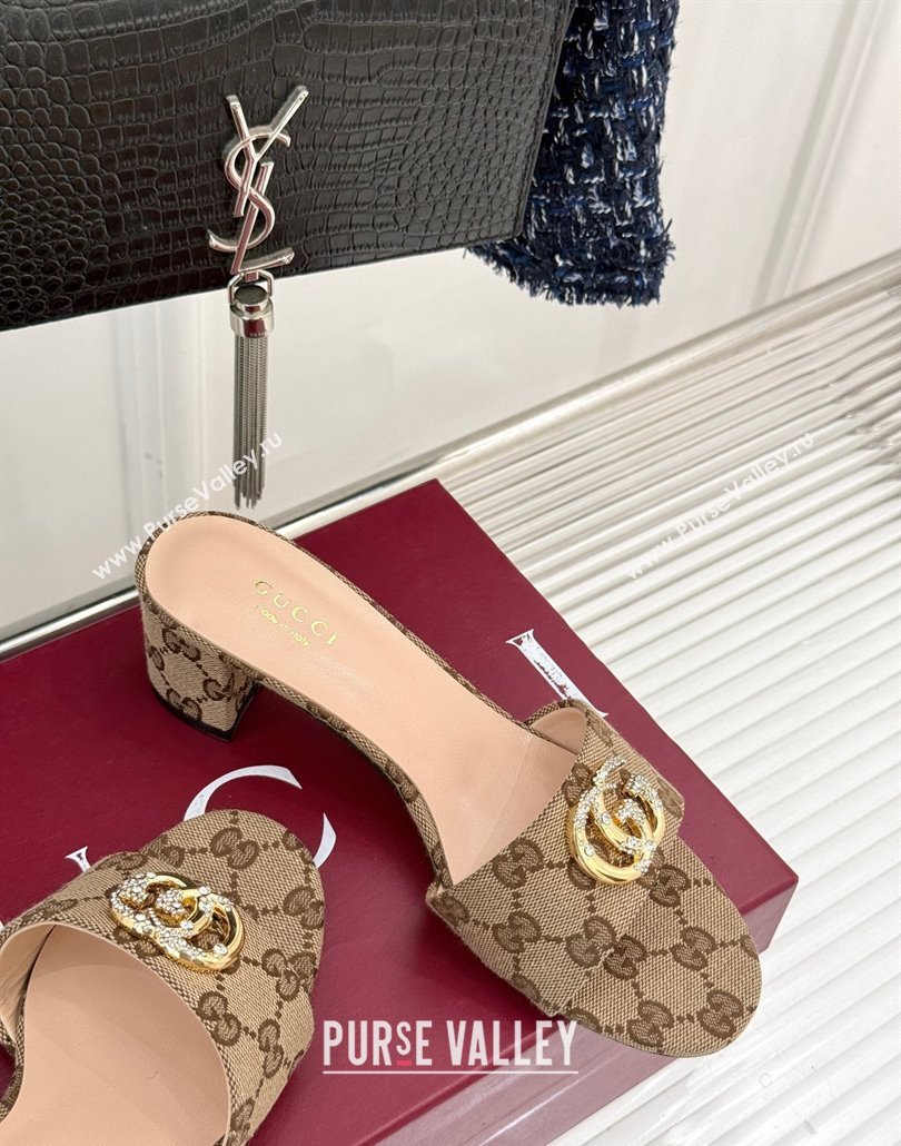 Gucci GG Canvas Heel Slides Sandal 5cm with Double G and Strass Beige 2025 GG02283 (MD-250228076)