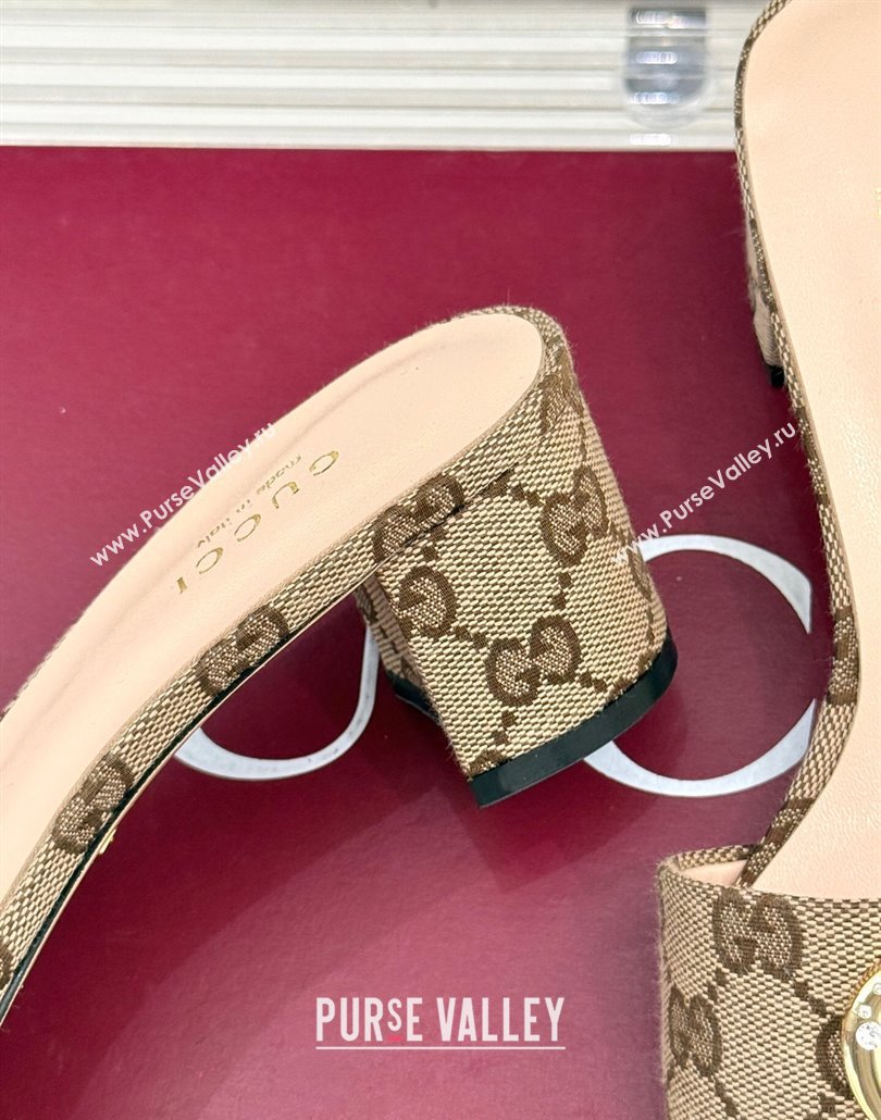 Gucci GG Canvas Heel Slides Sandal 5cm with Double G and Strass Beige 2025 GG02283 (MD-250228076)