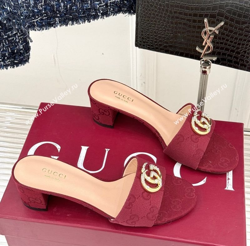 Gucci GG Canvas Heel Slides Sandal 5cm with Double G and Strass Burgundy 2025 GG02283 (MD-250228077)