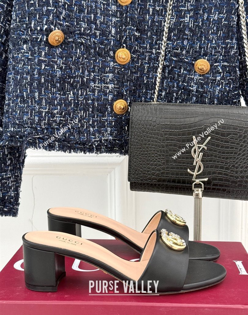 Gucci Leather Heel Slides Sandal 5cm with Double G and Strass Black 2025 GG02283 (MD-250228078)