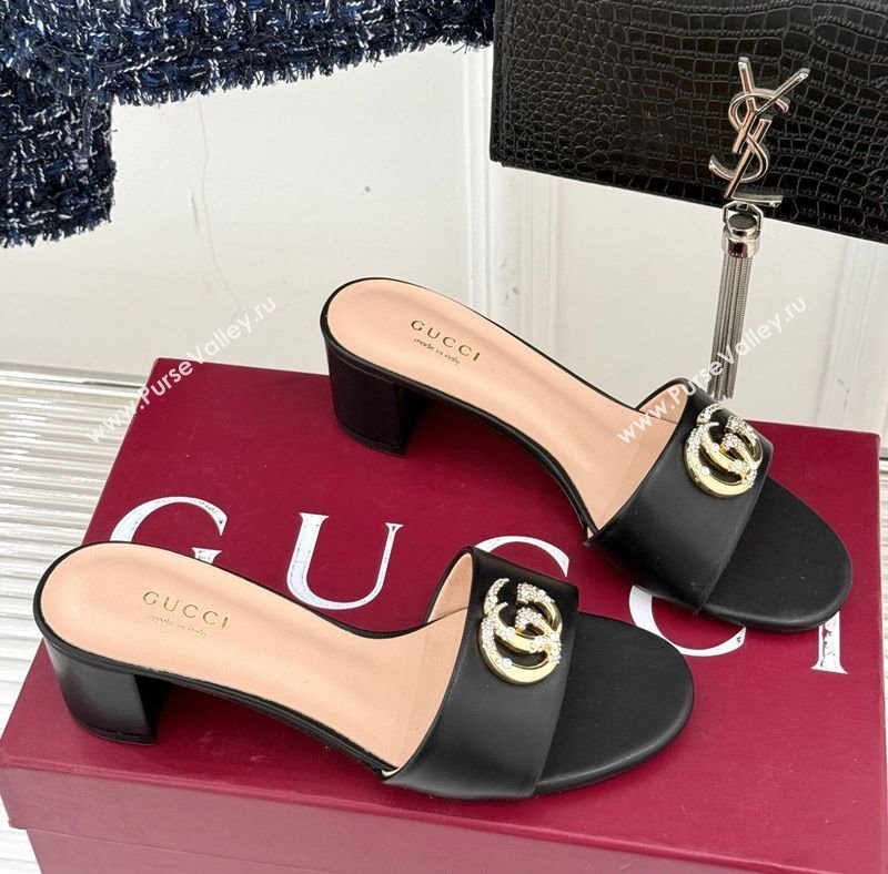 Gucci Leather Heel Slides Sandal 5cm with Double G and Strass Black 2025 GG02283 (MD-250228078)