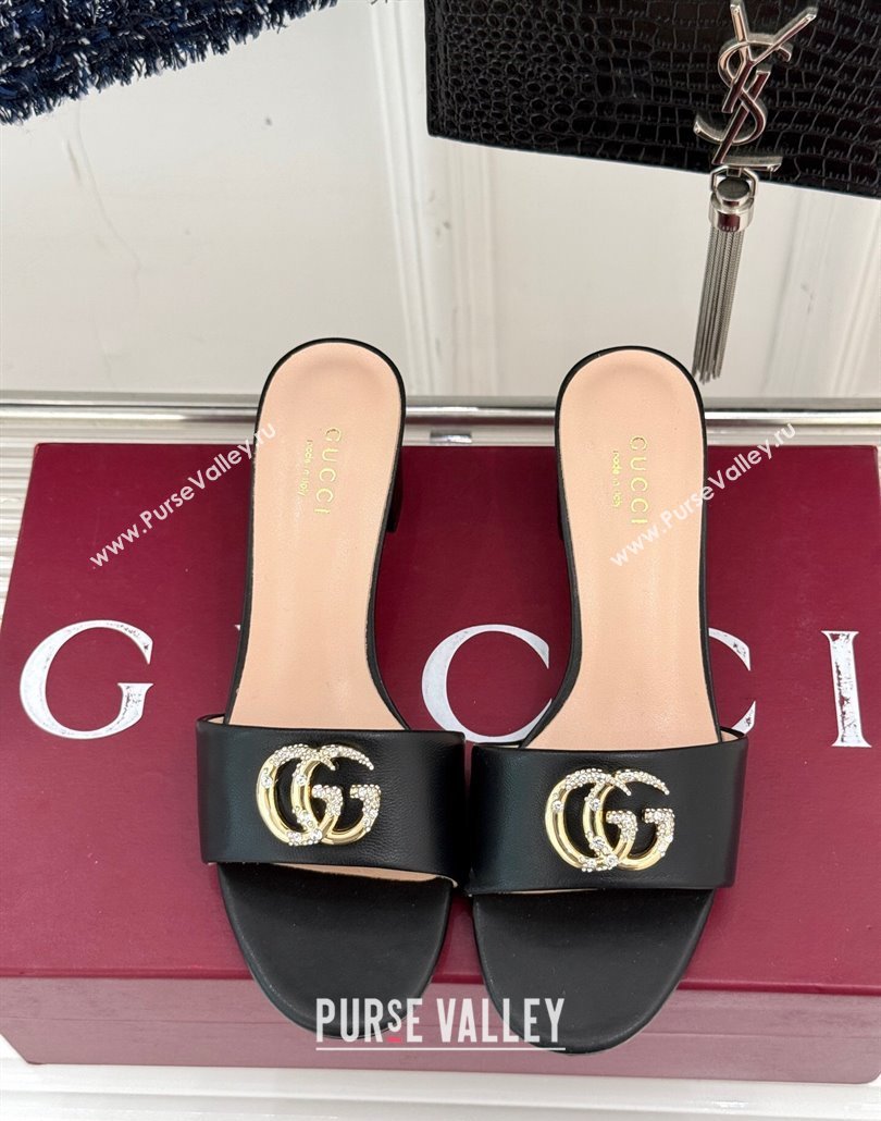 Gucci Leather Heel Slides Sandal 5cm with Double G and Strass Black 2025 GG02283 (MD-250228078)