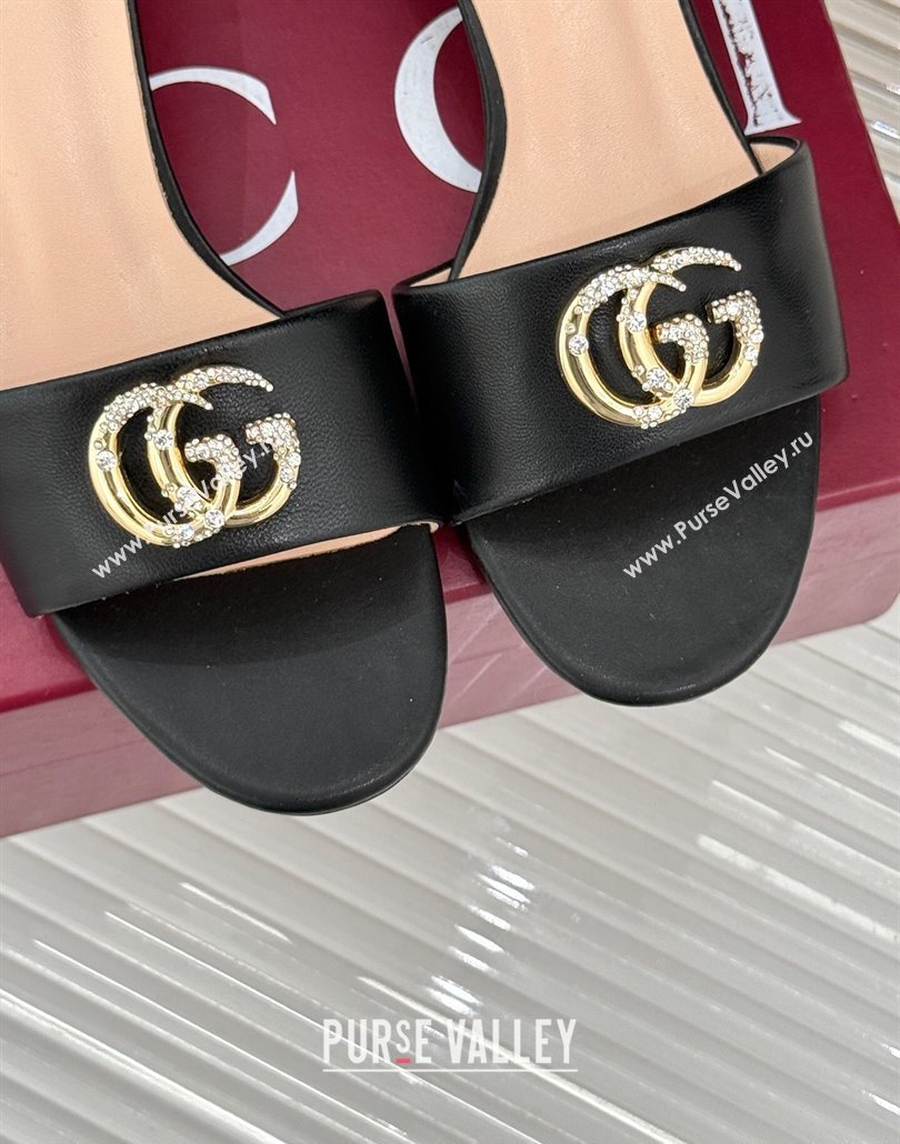 Gucci Leather Heel Slides Sandal 5cm with Double G and Strass Black 2025 GG02283 (MD-250228078)