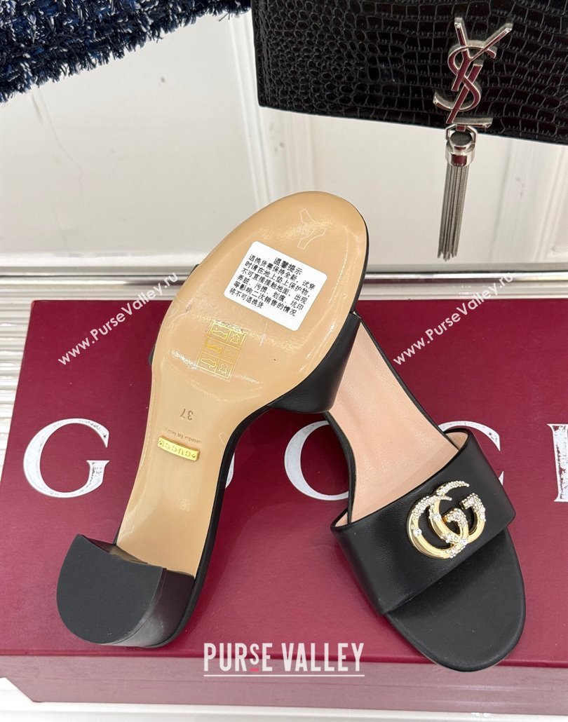 Gucci Leather Heel Slides Sandal 5cm with Double G and Strass Black 2025 GG02283 (MD-250228078)