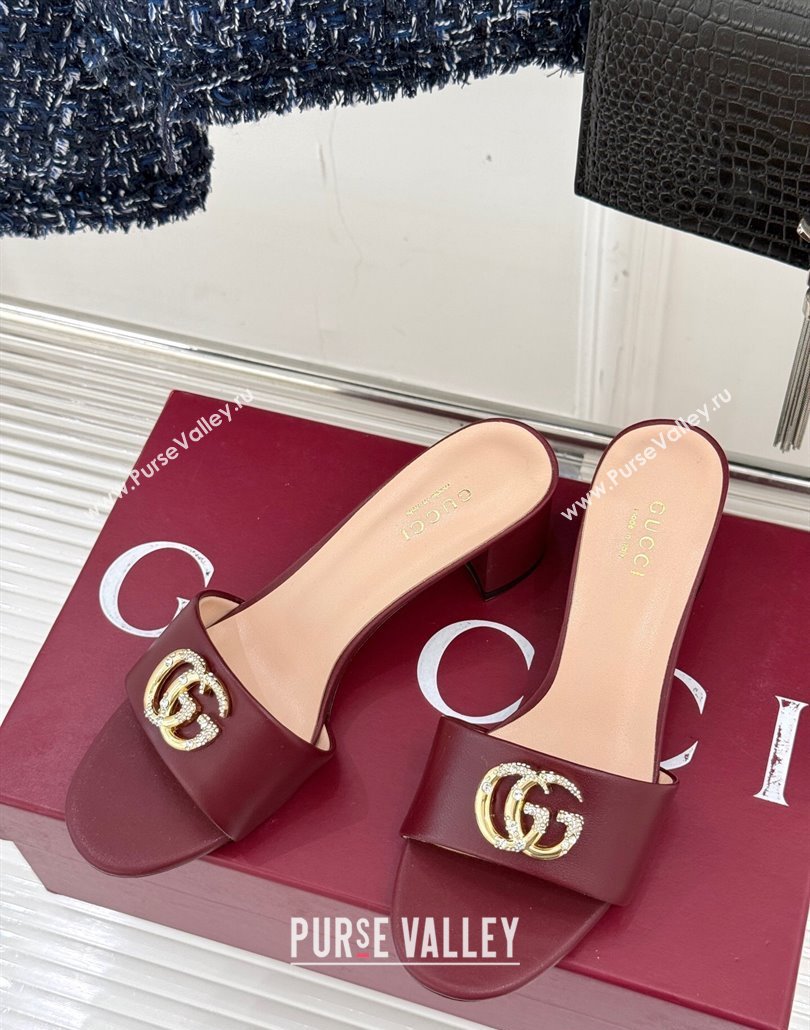 Gucci Leather Heel Slides Sandal 5cm with Double G and Strass Burgundy 2025 GG02283 (MD-250228079)